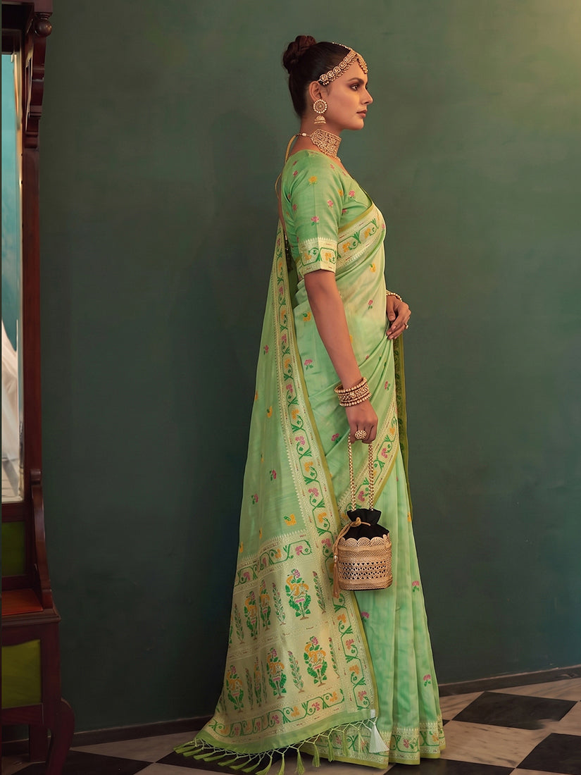 Monjolika Fashion Light Green Tissue Silk Blend Saree with Paithani Border and Floral Pallu | Grocsy