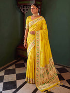 Monjolika Fashion Mustard Yellow Tissue Silk Blend Saree with Paithani Border and Floral Pallu | Grocsy