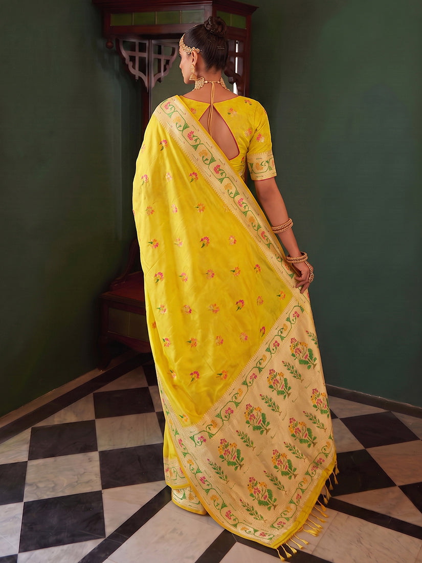 Monjolika Fashion Mustard Yellow Tissue Silk Blend Saree with Paithani Border and Floral Pallu | Grocsy