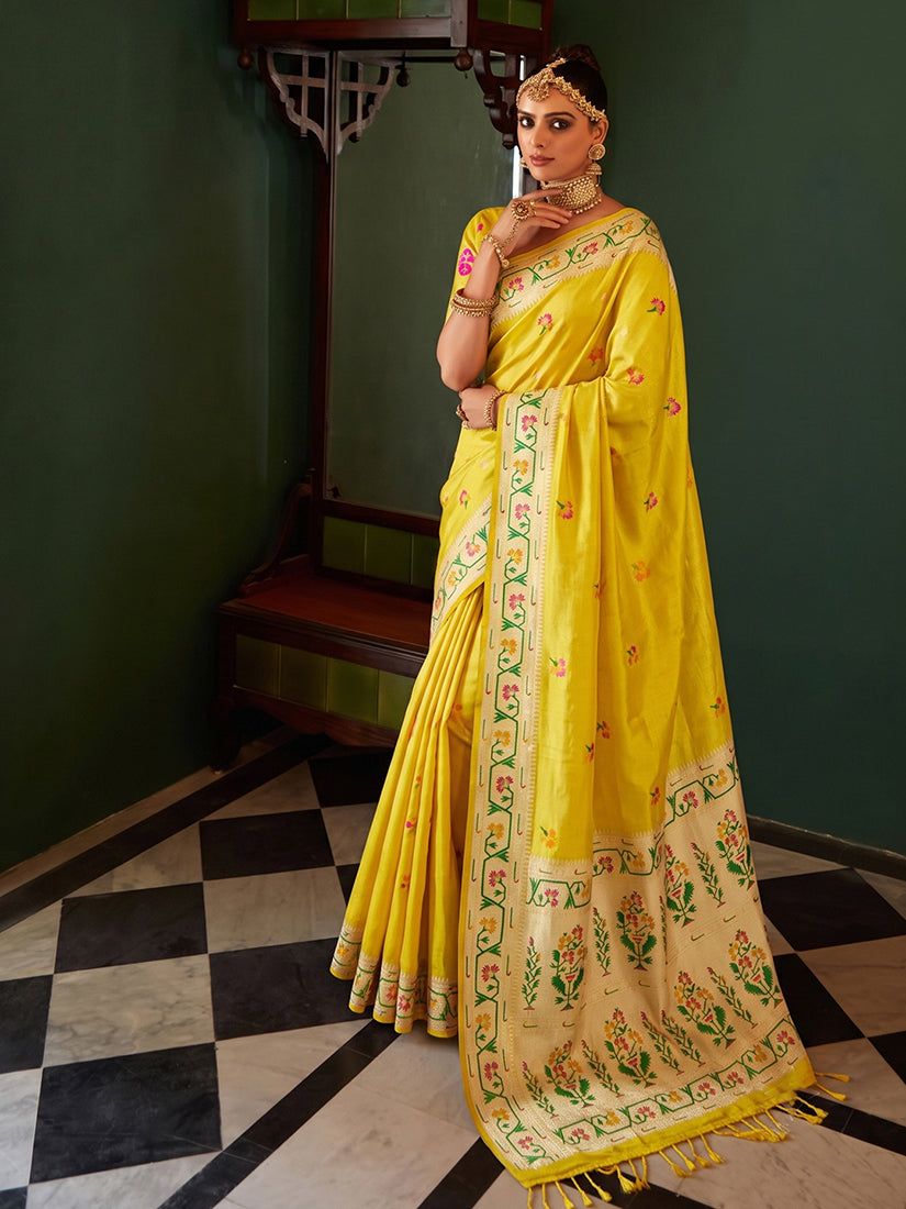 Monjolika Fashion Mustard Yellow Tissue Silk Blend Saree with Paithani Border and Floral Pallu | Grocsy