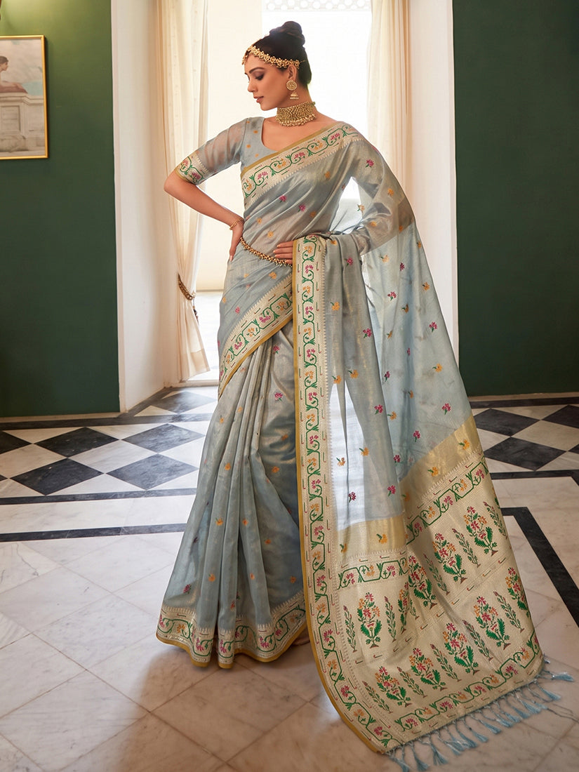 Monjolika Fashion Grey Tissue Silk Blend Saree with Paithani Border and Floral Pallu | Grocsy