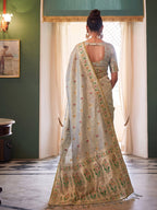 Monjolika Fashion Grey Tissue Silk Blend Saree with Paithani Border and Floral Pallu | Grocsy