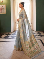 Monjolika Fashion Grey Tissue Silk Blend Saree with Paithani Border and Floral Pallu | Grocsy
