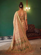 Monjolika Fashion Peach Tissue Silk Blend Saree with Paithani Border and Floral Pallu | Grocsy