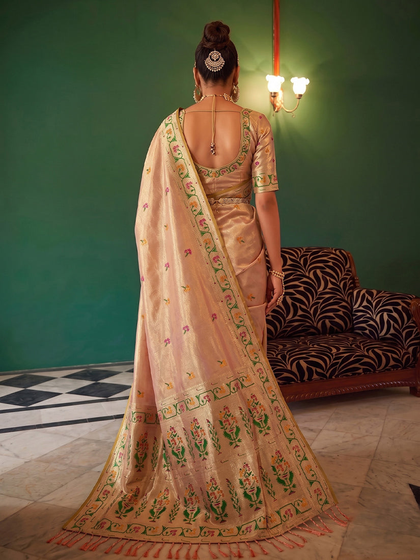 Monjolika Fashion Peach Tissue Silk Blend Saree with Paithani Border and Floral Pallu | Grocsy