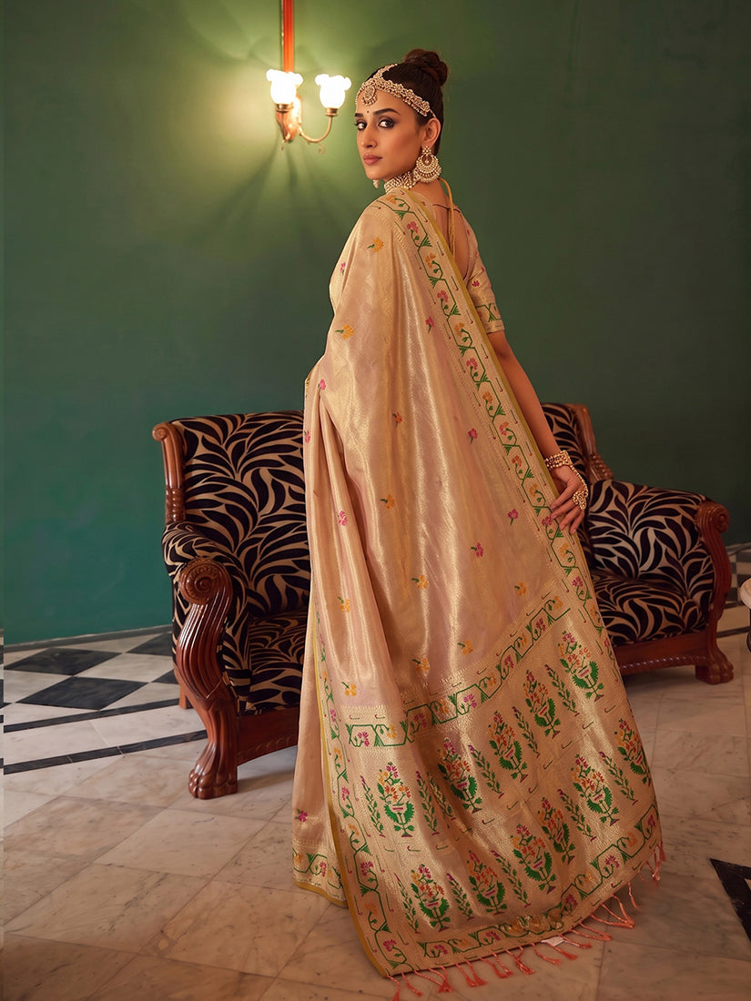 Monjolika Fashion Peach Tissue Silk Blend Saree with Paithani Border and Floral Pallu | Grocsy
