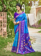 Monjolika Fashion Sky Blue & Purple Paithani Silk Blend Saree With Woven Border | Grocsy