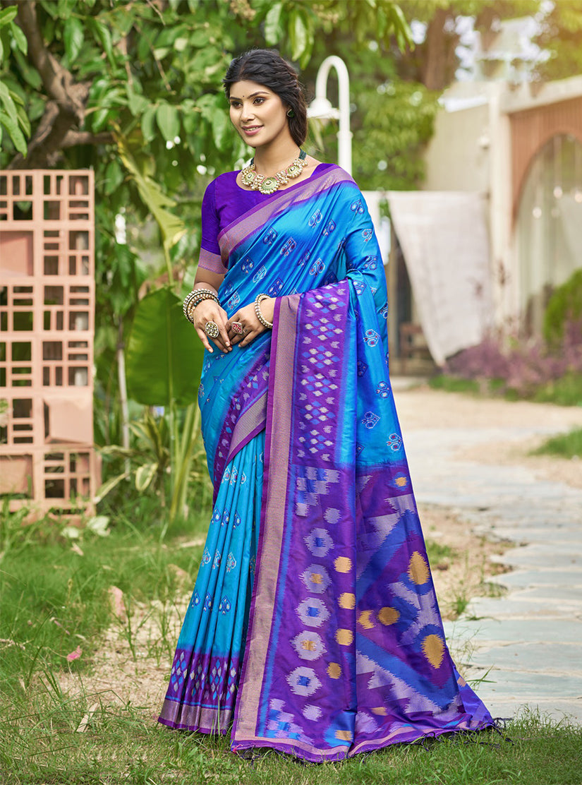 Monjolika Fashion Sky Blue & Purple Paithani Silk Blend Saree With Woven Border | Grocsy