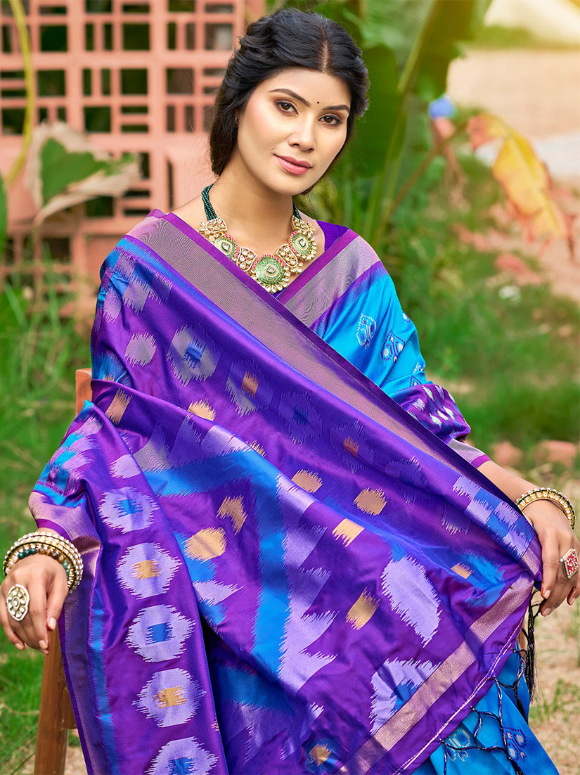 Monjolika Fashion Sky Blue & Purple Paithani Silk Blend Saree With Woven Border | Grocsy