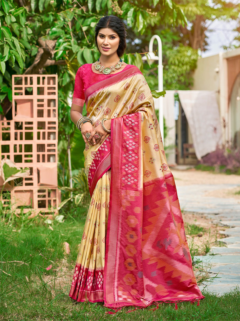 Monjolika Fashion Beige & Rani Pink Paithani Silk Blend Saree With Woven Border | Grocsy