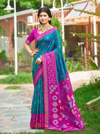 Monjolika Fashion Teal Blue & Magenta Paithani Silk Blend Saree With Woven Border | Grocsy