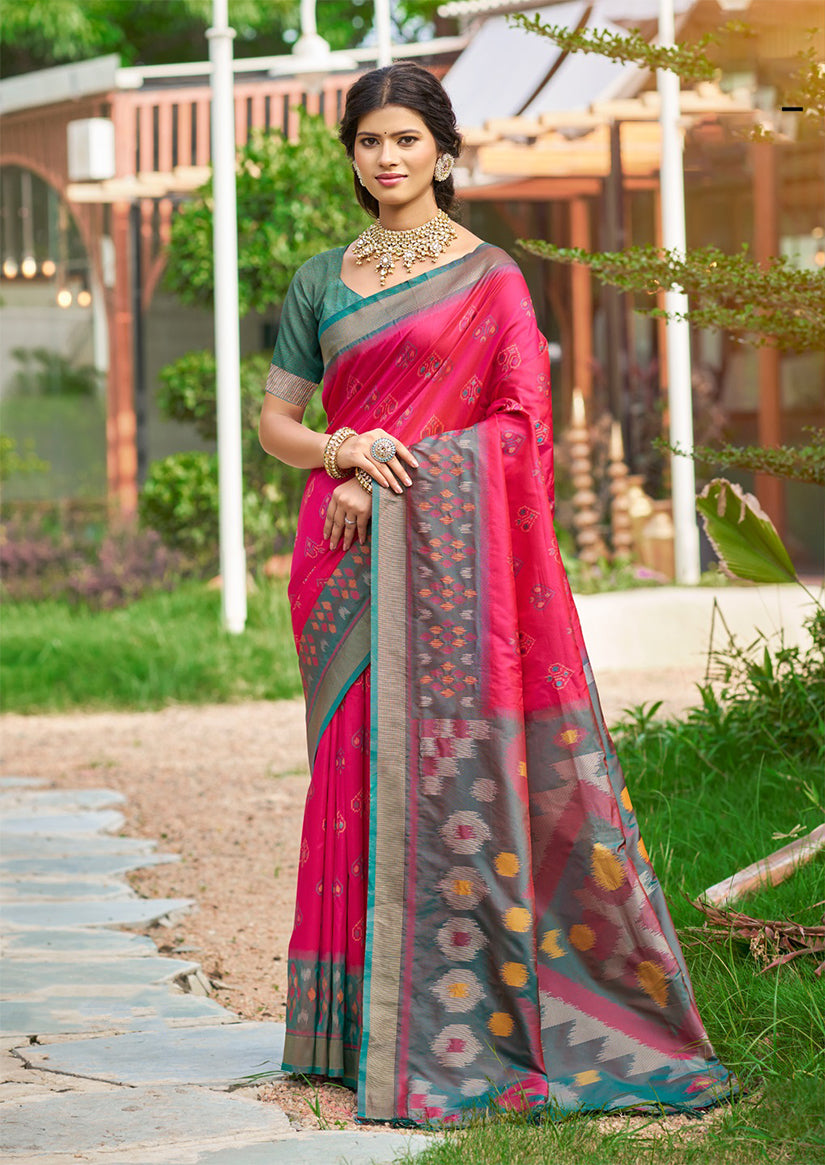 Monjolika Fashion Rani Pink & Grey Paithani Silk Blend Saree With Woven Border | Grocsy