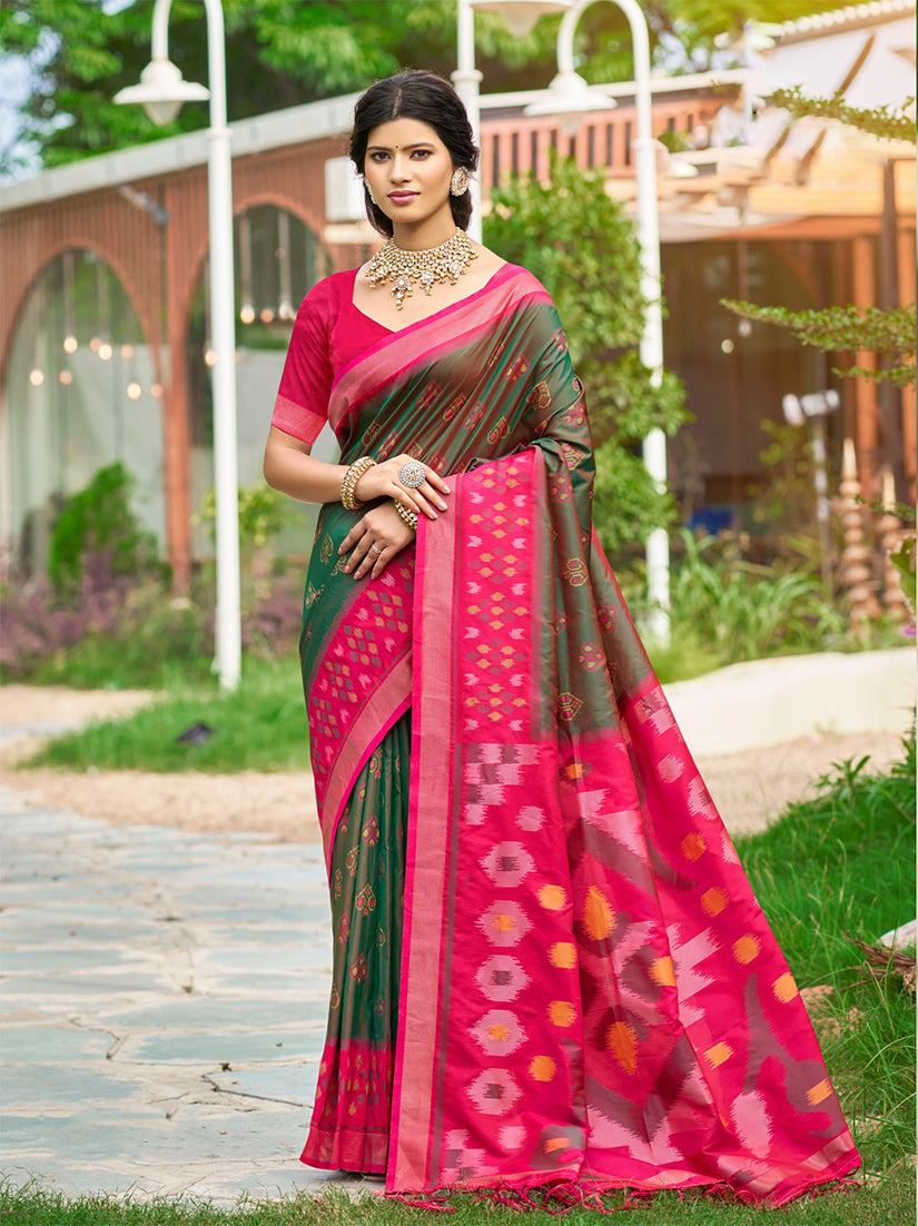 Monjolika Fashion Olive Green & Rani Pink Paithani Silk Blend Saree With Woven Border | Grocsy