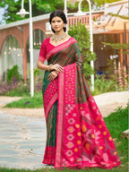 Monjolika Fashion Olive Green & Rani Pink Paithani Silk Blend Saree With Woven Border | Grocsy