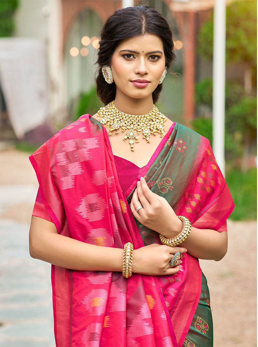 Monjolika Fashion Olive Green & Rani Pink Paithani Silk Blend Saree With Woven Border | Grocsy
