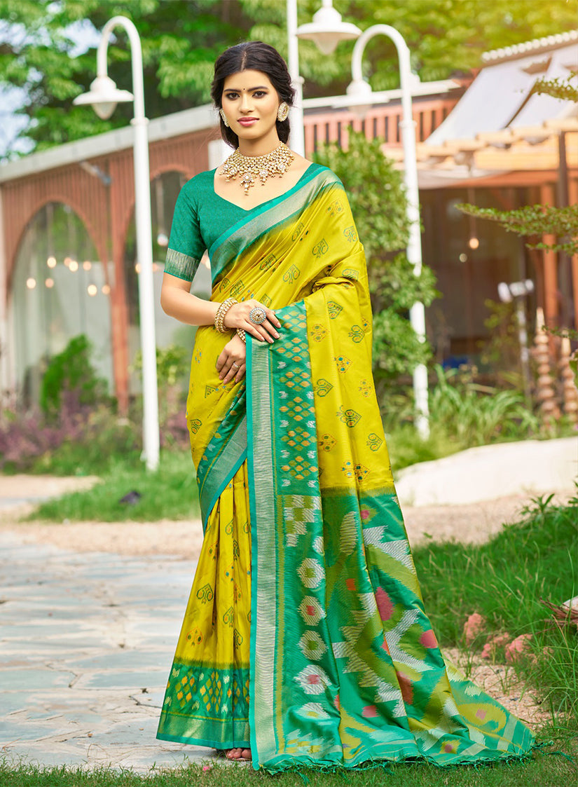 Monjolika Fashion Lime Yellow & Green Paithani Silk Blend Saree With Woven Border | Grocsy