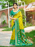 Monjolika Fashion Lime Yellow & Green Paithani Silk Blend Saree With Woven Border | Grocsy