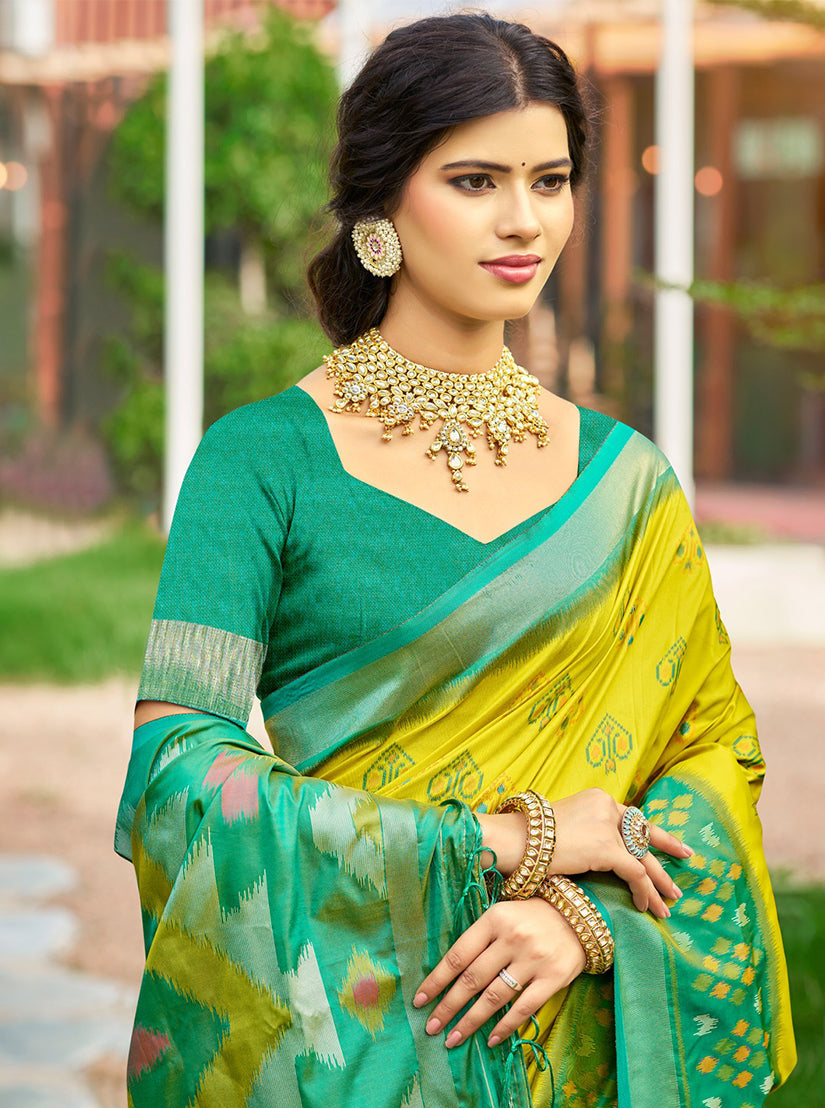 Monjolika Fashion Lime Yellow & Green Paithani Silk Blend Saree With Woven Border | Grocsy