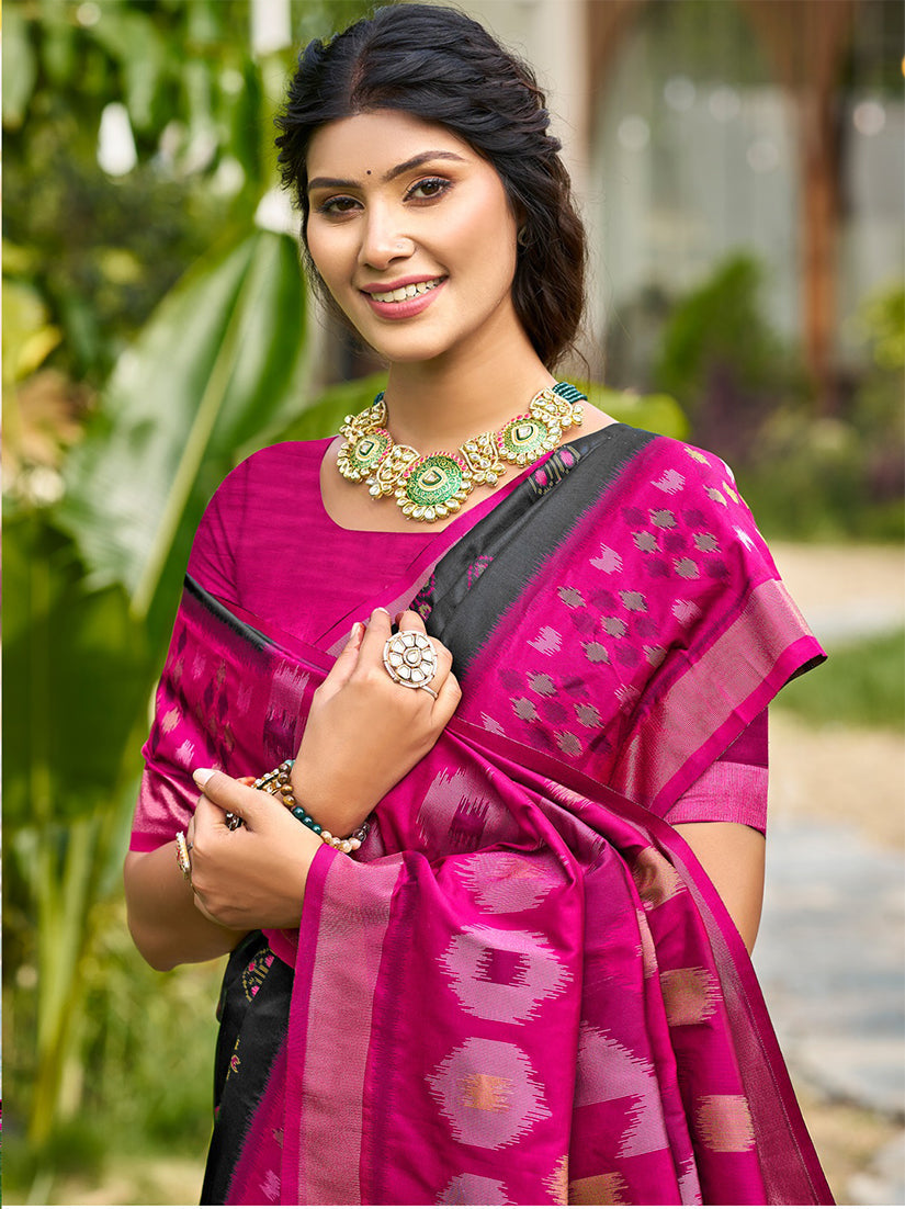 Monjolika Fashion Black & Magenta Pink Paithani Silk Blend Saree With Woven Border | Grocsy