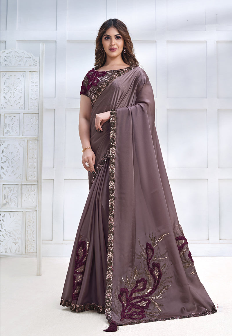 Monjolika Fashion Dusty Mauve Faux Crepe Satin Silk Saree With Embroidered Blouse | Grocsy