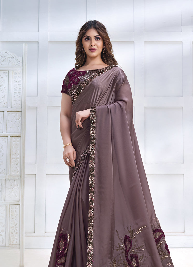 Monjolika Fashion Dusty Mauve Faux Crepe Satin Silk Saree With Embroidered Blouse | Grocsy