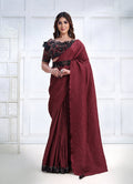 Monjolika Fashion Maroon Faux Crepe Silk Georgette Saree with Embroidered Blouse | Grocsy