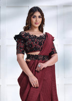 Monjolika Fashion Maroon Faux Crepe Silk Georgette Saree with Embroidered Blouse | Grocsy