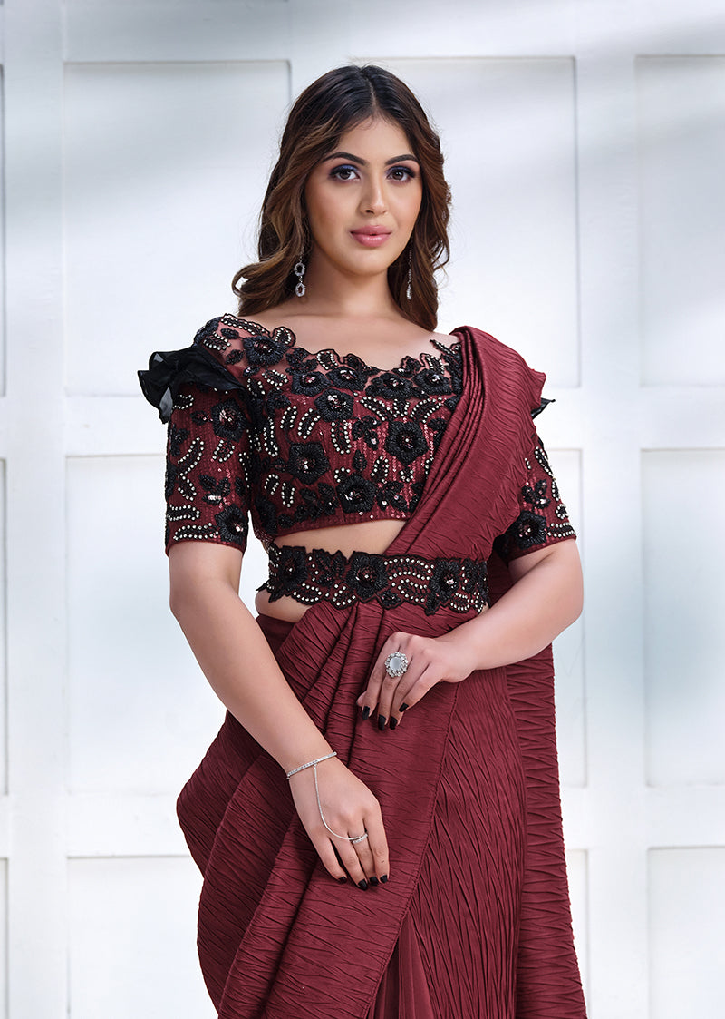 Monjolika Fashion Maroon Faux Crepe Silk Georgette Saree with Embroidered Blouse | Grocsy
