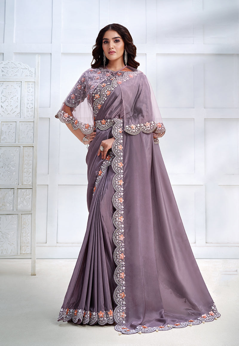 Monjolika Fashion Lavender Faux Crepe Satin Silk Saree with Embroidered Cape | Grocsy