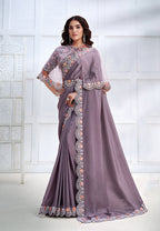 Monjolika Fashion Lavender Faux Crepe Satin Silk Saree with Embroidered Cape | Grocsy