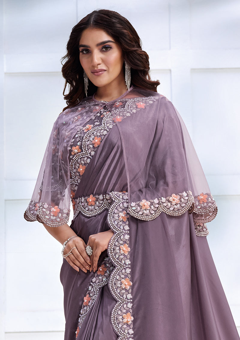 Monjolika Fashion Lavender Faux Crepe Satin Silk Saree with Embroidered Cape | Grocsy