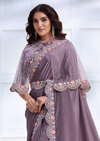 Monjolika Fashion Lavender Faux Crepe Satin Silk Saree with Embroidered Cape | Grocsy