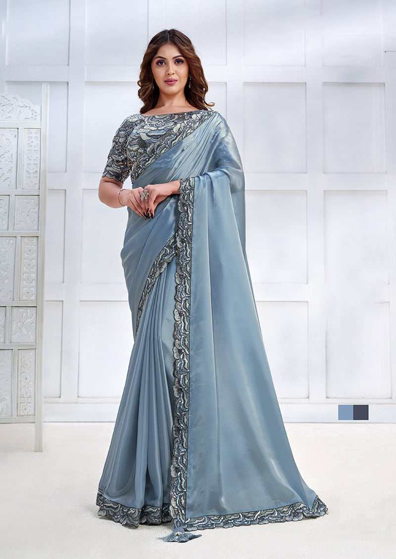 Monjolika Fashion Ice Blue Faux Crepe Satin Silk Saree With Embroidered Blouse | Grocsy
