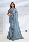 Monjolika Fashion Ice Blue Faux Crepe Satin Silk Saree With Embroidered Blouse | Grocsy