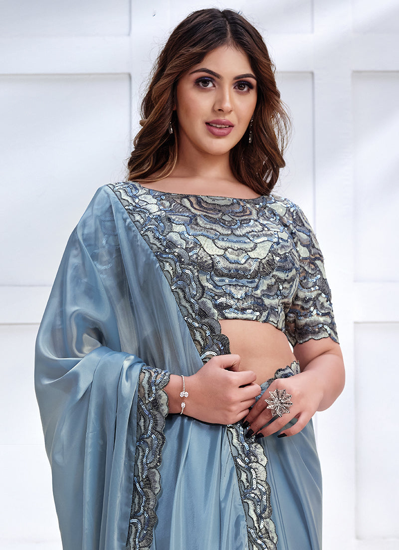 Monjolika Fashion Ice Blue Faux Crepe Satin Silk Saree With Embroidered Blouse | Grocsy