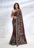 Monjolika Fashion Coffee Brown Faux Crepe Satin Silk Embroidered Sare With Blouse | Grocsy