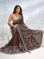 Monjolika Fashion Coffee Brown Faux Crepe Satin Silk Embroidered Sare With Blouse | Grocsy