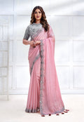 Monjolika Fashion Baby Pink Faux Crepe Satin Silk Saree With Embroidered Blouse | Grocsy
