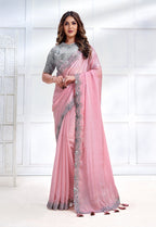 Monjolika Fashion Baby Pink Faux Crepe Satin Silk Saree With Embroidered Blouse | Grocsy