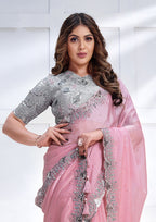 Monjolika Fashion Baby Pink Faux Crepe Satin Silk Saree With Embroidered Blouse | Grocsy