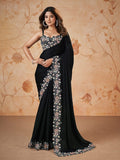 Monjolika Fashion Black Faux Crepe Satin Silk Saree With Embroidered Blouse | Grocsy
