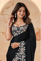 Monjolika Fashion Black Faux Crepe Satin Silk Saree With Embroidered Blouse | Grocsy