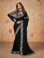 Monjolika Fashion Black Faux Crepe Satin Silk Saree With Embroidered Blouse | Grocsy