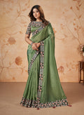 Monjolika Fashion Sage Green Faux Crepe Satin Silk Saree With Embroidered Blouse | Grocsy