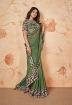 Monjolika Fashion Sage Green Faux Crepe Satin Silk Saree With Embroidered Blouse | Grocsy