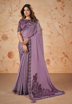Monjolika Fashion Lavender Faux Crepe Satin Silk Saree With Embroidered Blouse | Grocsy