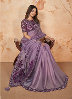 Monjolika Fashion Lavender Faux Crepe Satin Silk Saree With Embroidered Blouse | Grocsy