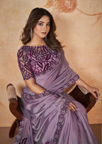 Monjolika Fashion Lavender Faux Crepe Satin Silk Saree With Embroidered Blouse | Grocsy