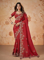 Monjolika Fashion Red Faux Crepe Satin Silk Saree With Embroidered Blouse | Grocsy