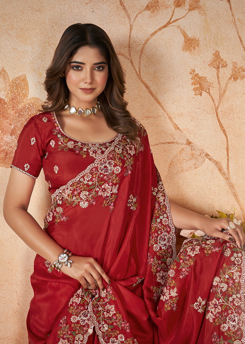 Monjolika Fashion Red Faux Crepe Satin Silk Saree With Embroidered Blouse | Grocsy
